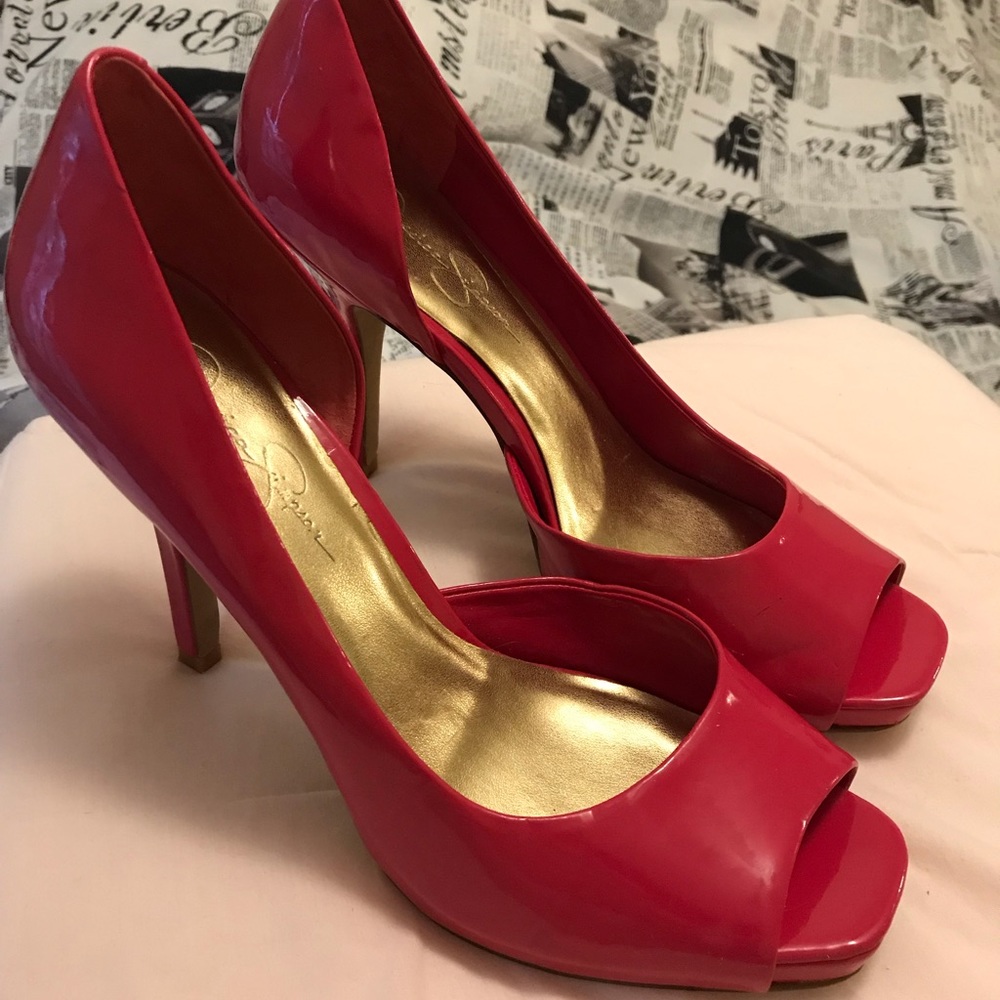 Pink patent pumps